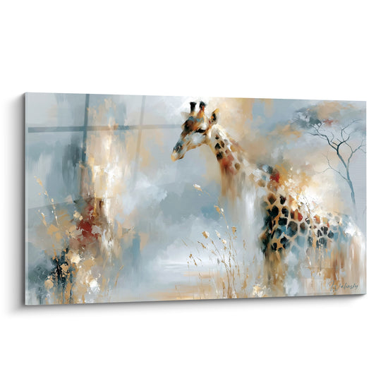 Girafe au pelage bleu gris et doré émergeant d'une brume picturale, tête tournée vers un acacia
