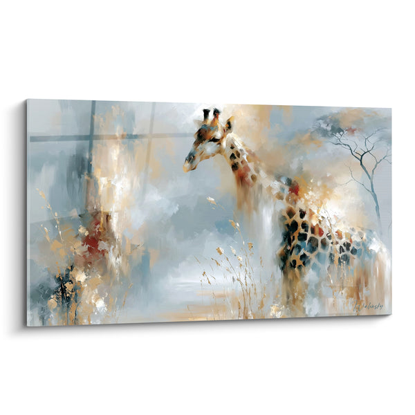 Tableau Girafe bleu gris et doré ocre brumeux - Brume savane - Edition Girafe