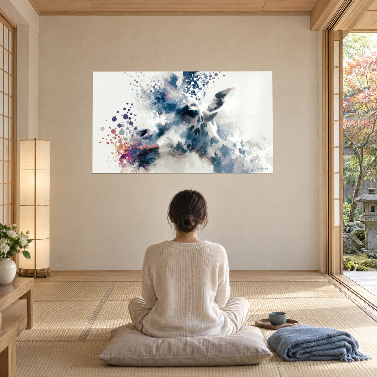 Quadro giraffa dissolta in proiezioni blu navy e corallo, sfondo crema, contemplata da una donna seduta a gambe incrociate su un cuscino
