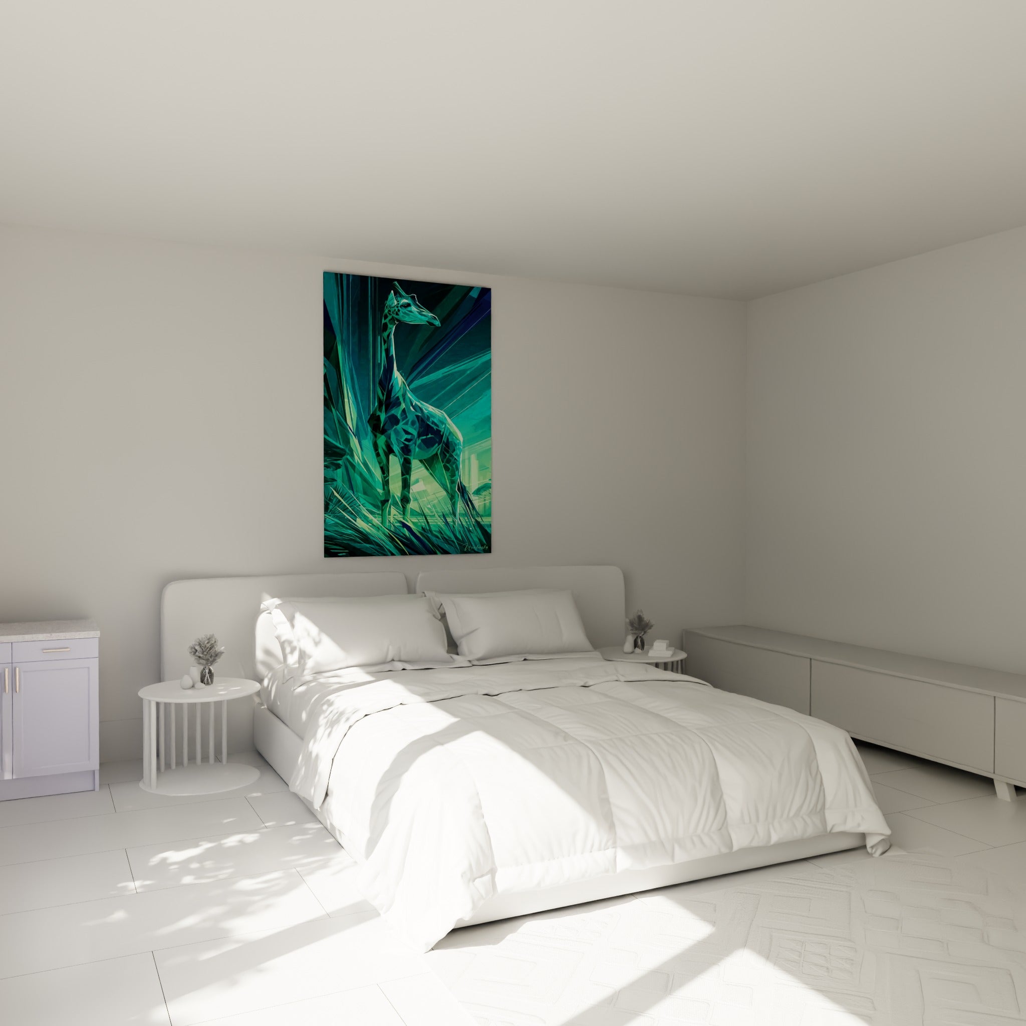 Silhouette de girafe facettée en turquoise et vert émeraude au-dessus d'un lit dans une chambre claire