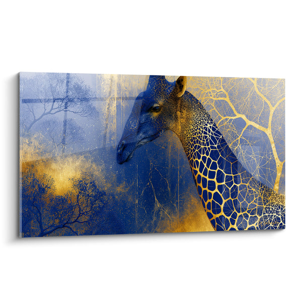 Tableau Girafe bleu marine et doré à motifs graphiques - Éclat nocturne d'ivoire doré - Edition Girafe