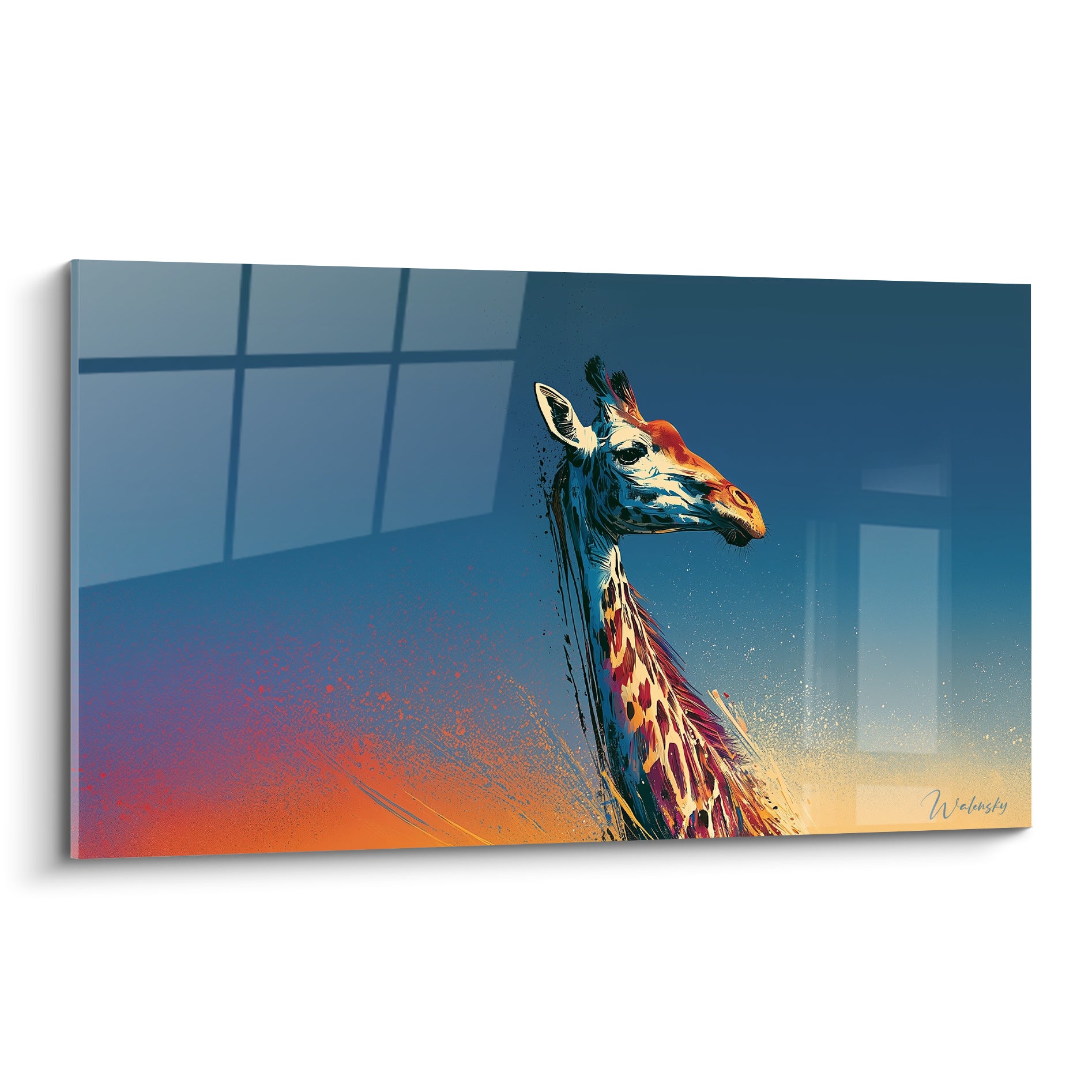 Girafe de profil aux teintes bleu marine et orange, tête blanche sur fond nocturne éclaboussé