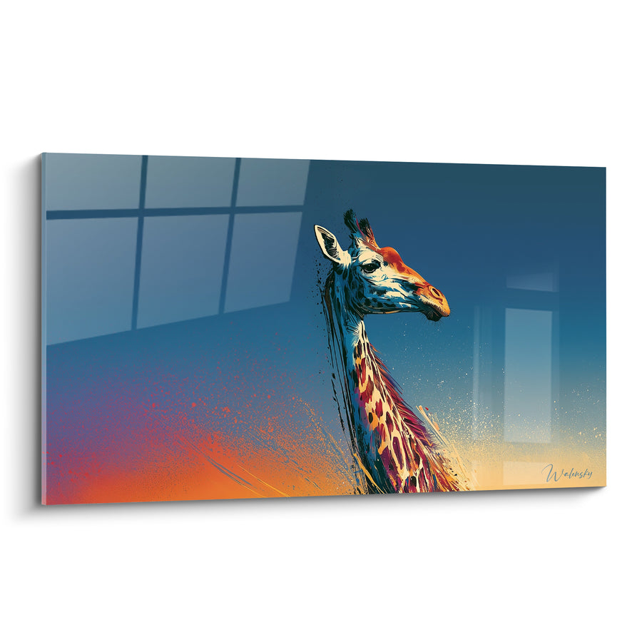 Tableau Girafe bleu marine et orange éclaboussée - Éveil du crépuscule - Edition Girafe