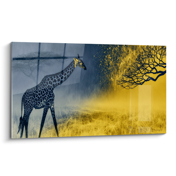 Tableau Girafe bleu marine et jaune savane - Éveil de la savane - Edition Girafe