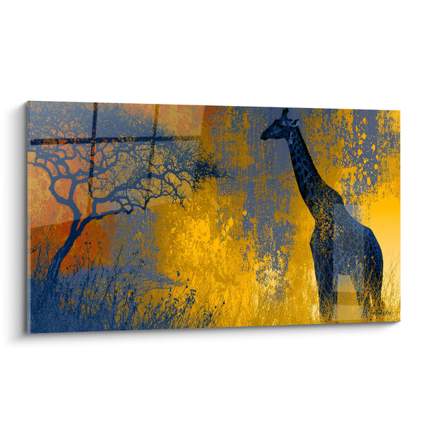 Tableau Girafe bleu marine et doré savane - Veille du crépuscule - Edition Girafe