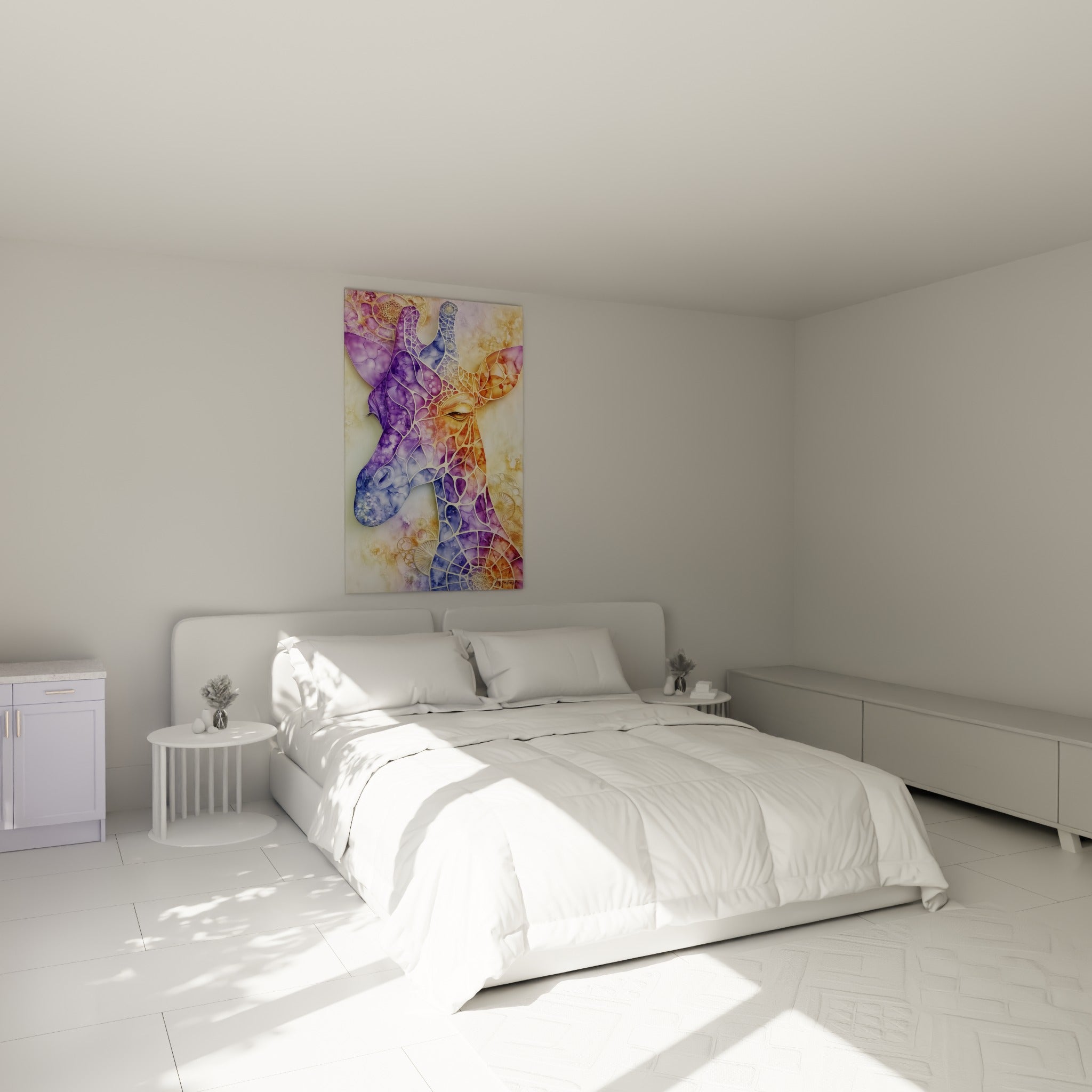 Motifs dorés et violets d'une girafe stylisée au-dessus d'un lit dans une chambre claire