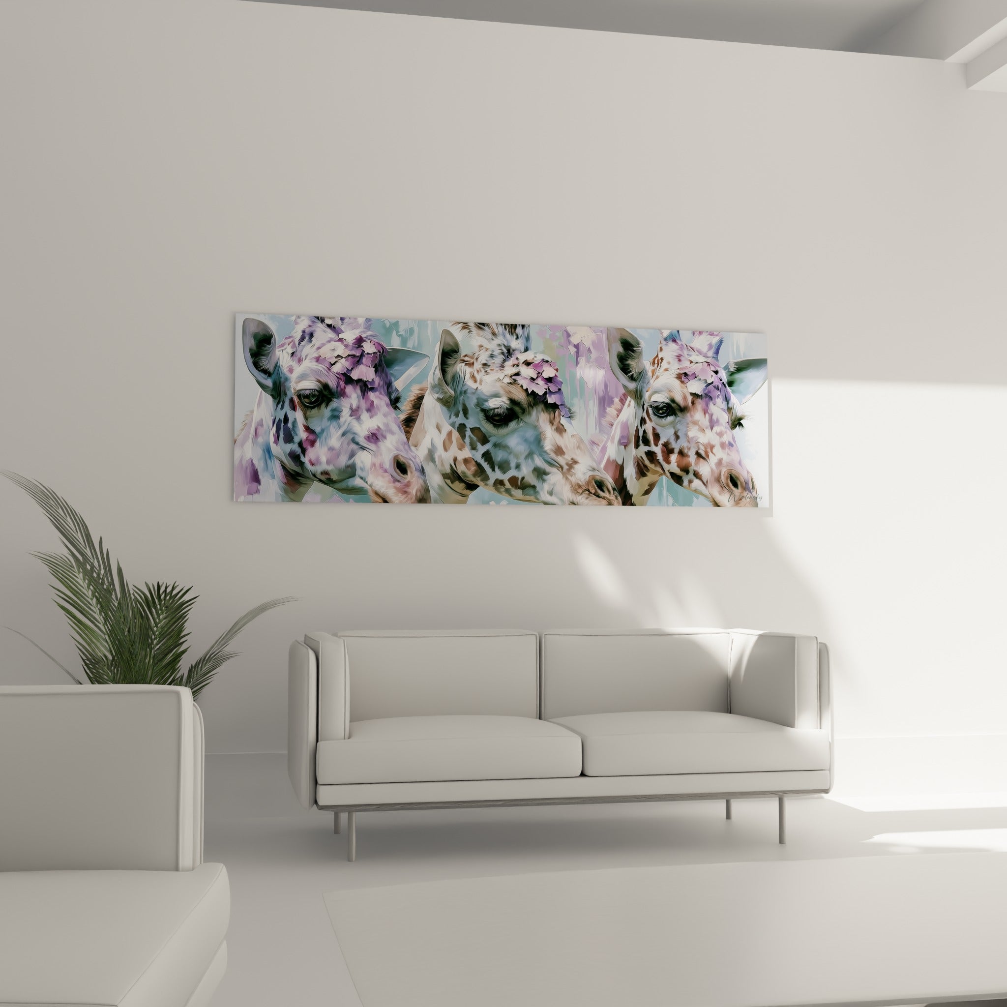 Girafes tachetées mauve et bleu pastel alignées, au-dessus d'un canapé dans un salon lumineux