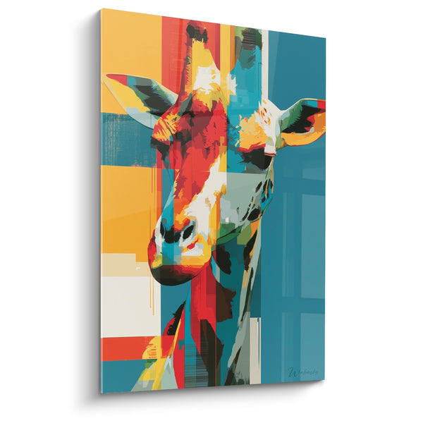 Tableau Girafe rouge et bleu sarcelle en aplats géométriques - Blocs colorés vibrants - Edition Girafe