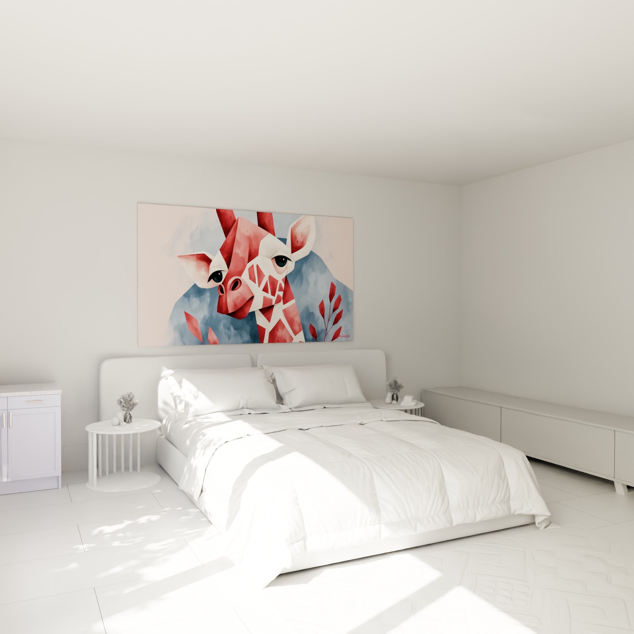 Portrait de girafe stylisée rouge terracotta et bleu poudré, accroché au-dessus d'un lit dans une chambre claire
