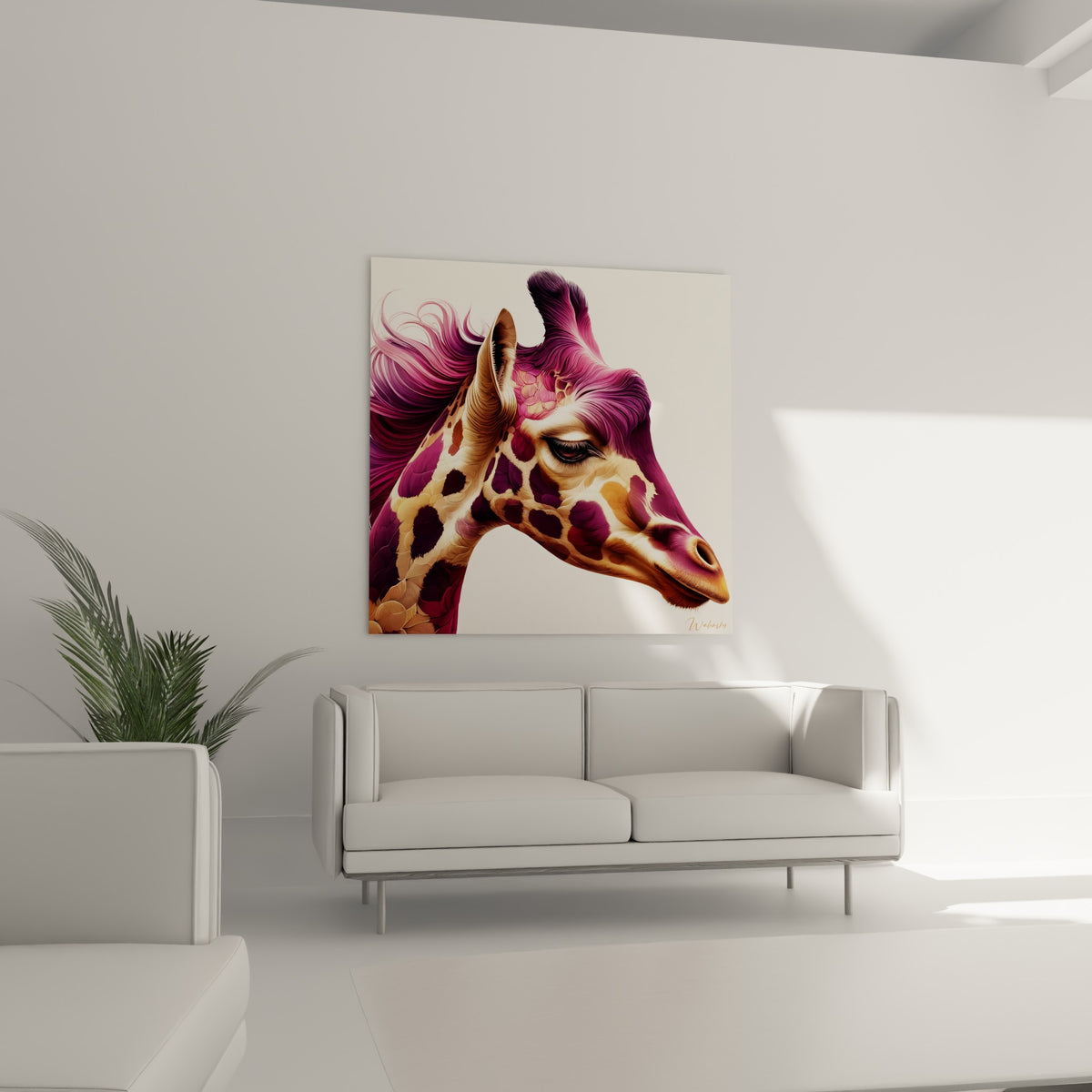 Girafe bordeaux et doré au regard paisible, disposée au-dessus d'un canapé dans un salon lumineux