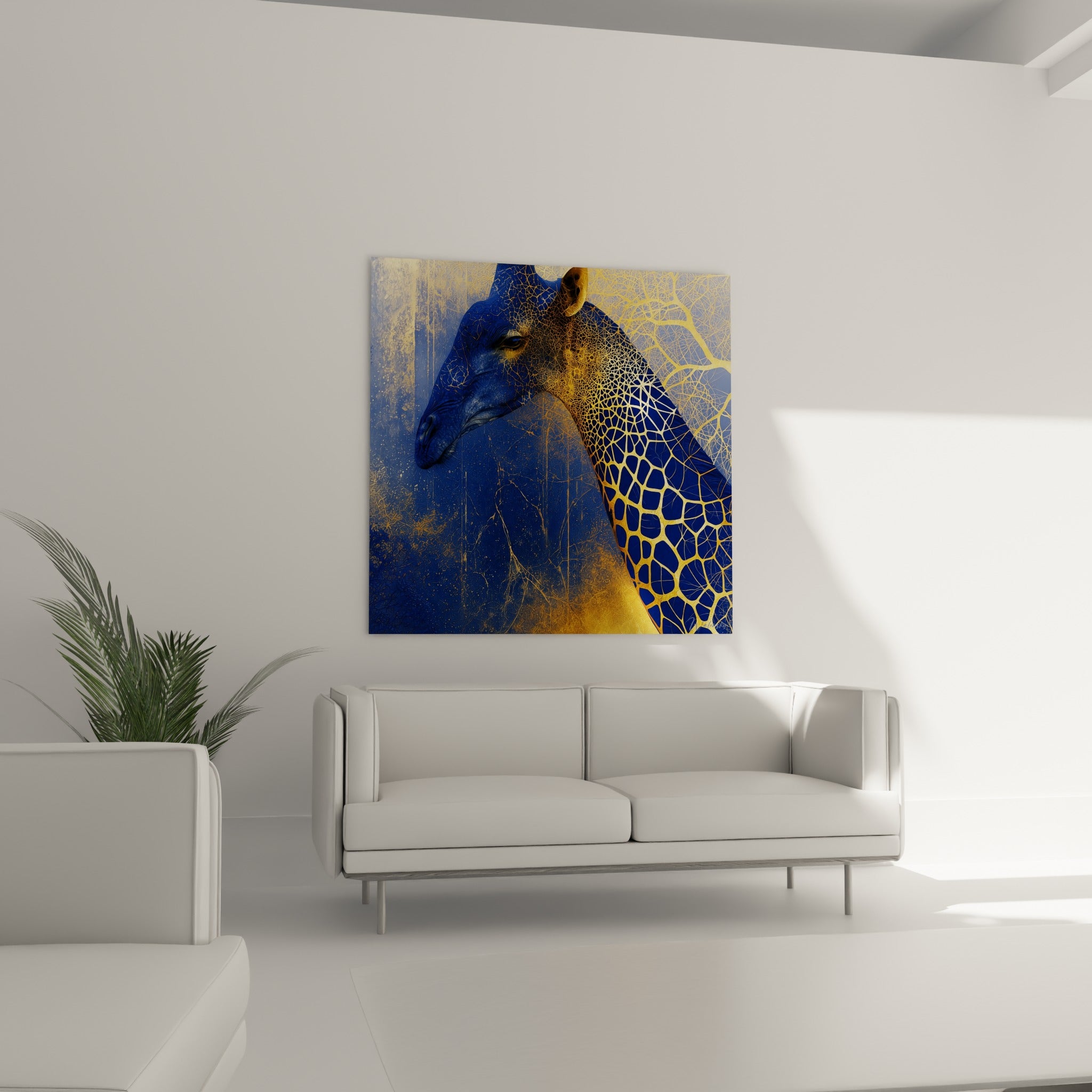 Silhouette de girafe bleu nuit et or éclatant, disposée au-dessus d'un canapé dans un salon lumineux