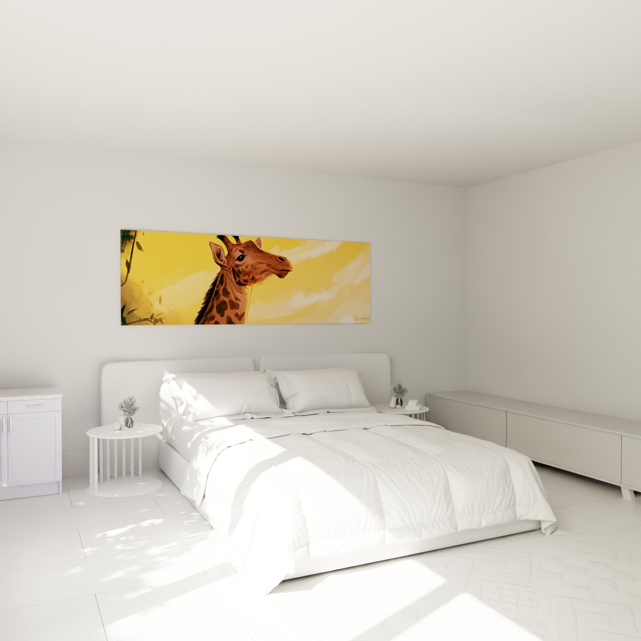 Tête de girafe brune et ocre peinte avec douceur, accrochée au-dessus d'un lit dans une chambre claire