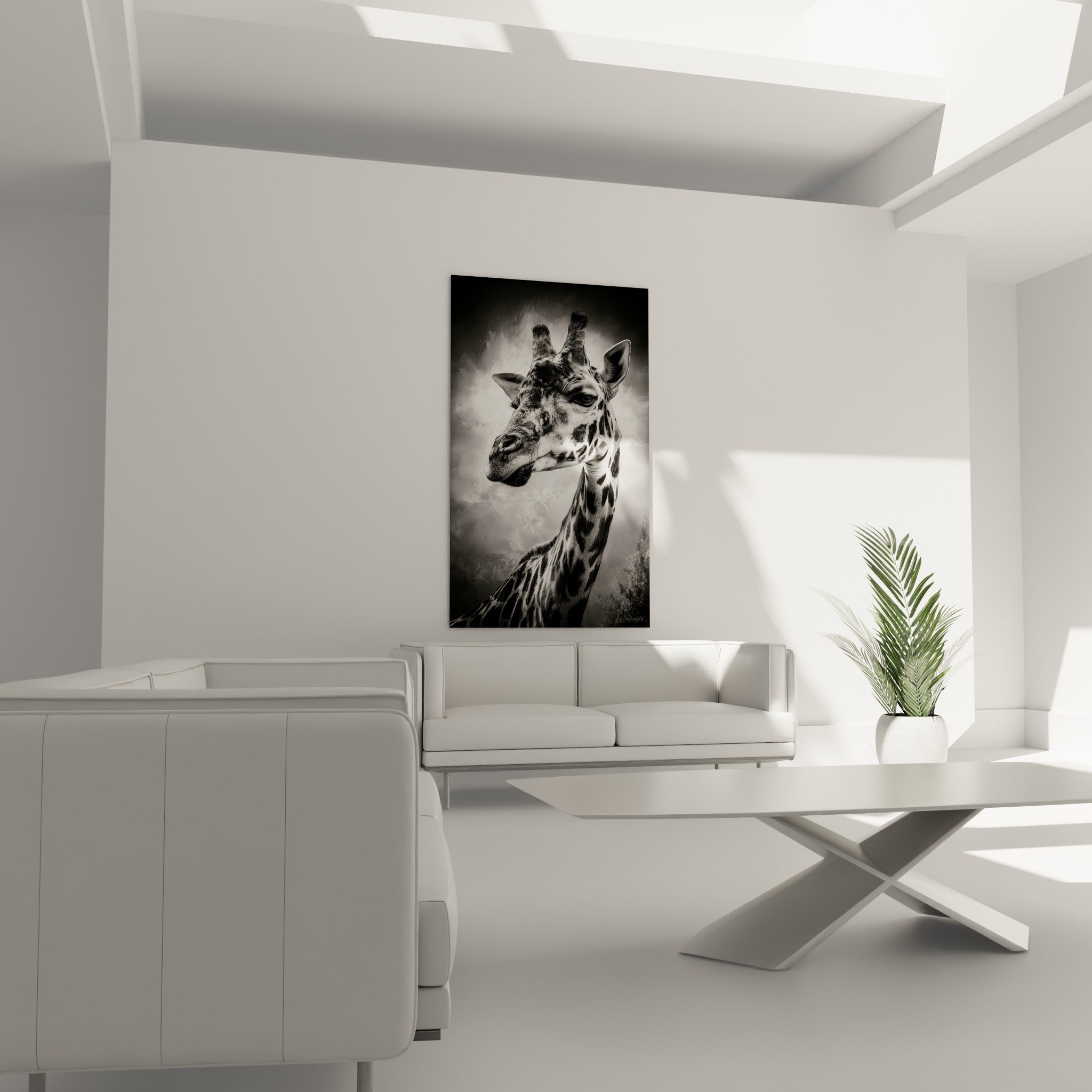 Tête de girafe sculptée en camaïeu noir et blanc au-dessus d'un canapé dans un salon lumineux