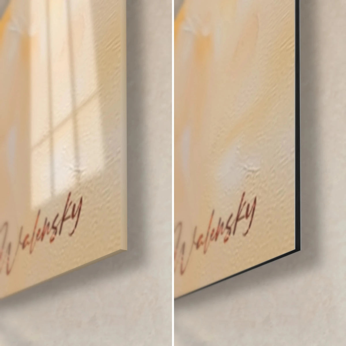 Wall art giraffe family in oil painting, bottom right corner with brown Walensky signature, glossy glass and matte black Dibond