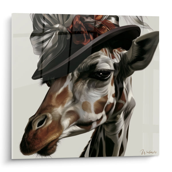 Tableau Girafe élégante coiffée d'un chapeau noir - Allure mondaine - Edition Girafe