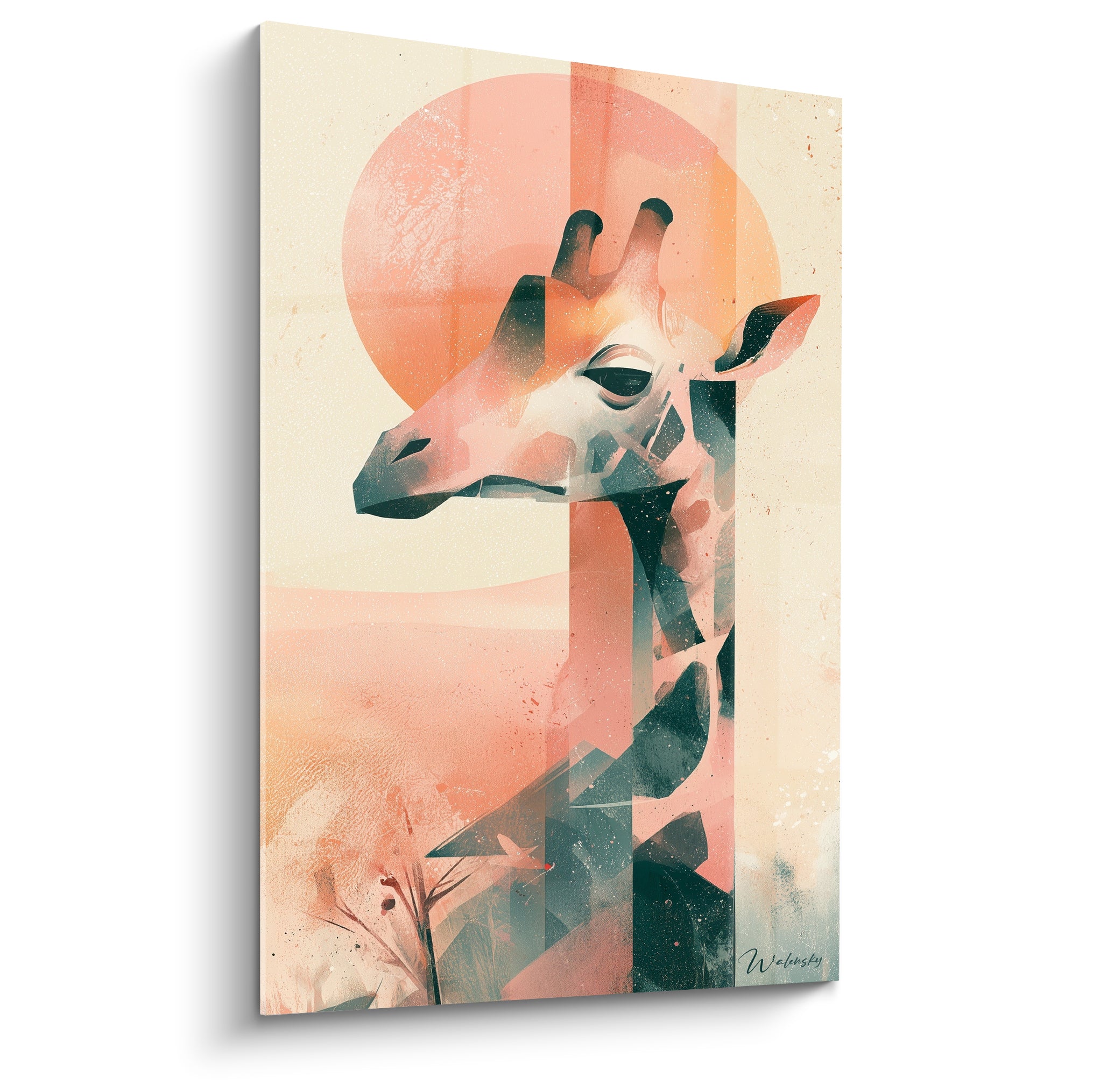 Girafe stylisée en anthracite et corail devant un soleil géométrique sur fond crème texturé