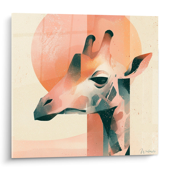 Tableau Girafe corail et anthracite au soleil géométrique - Silence de savane - Edition Girafe