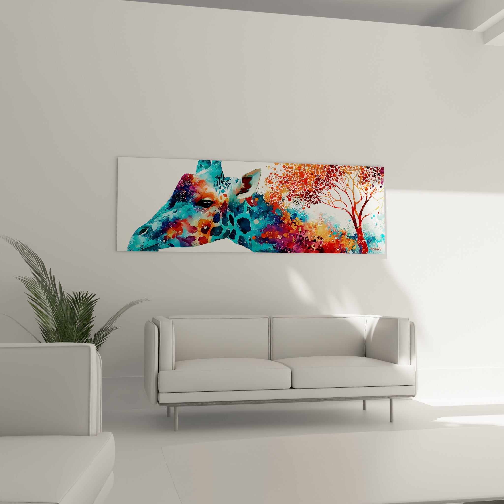 Girafe corail et bleu profond accrochée au-dessus d'un canapé dans un salon lumineux