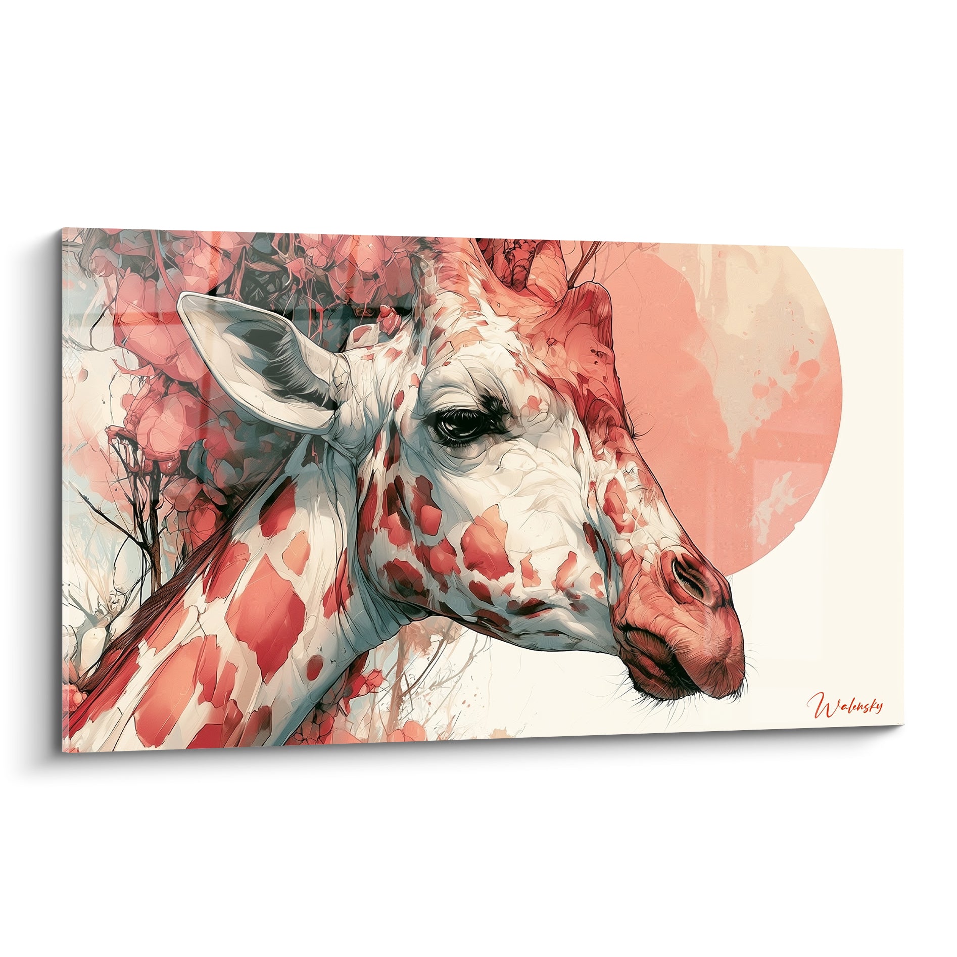 Girafe au regard doux, taches corail et blanches, fond rose poudré style aquarelle raffiné