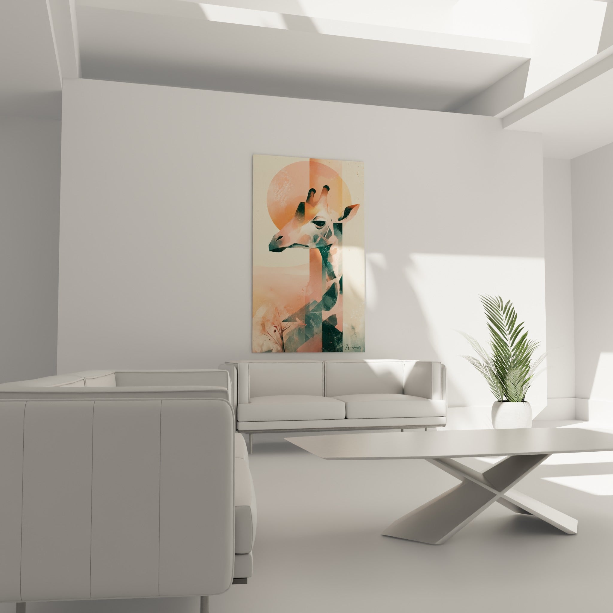 Girafe stylisée aux teintes corail et anthracite accrochée au-dessus d'un canapé dans un salon lumineux