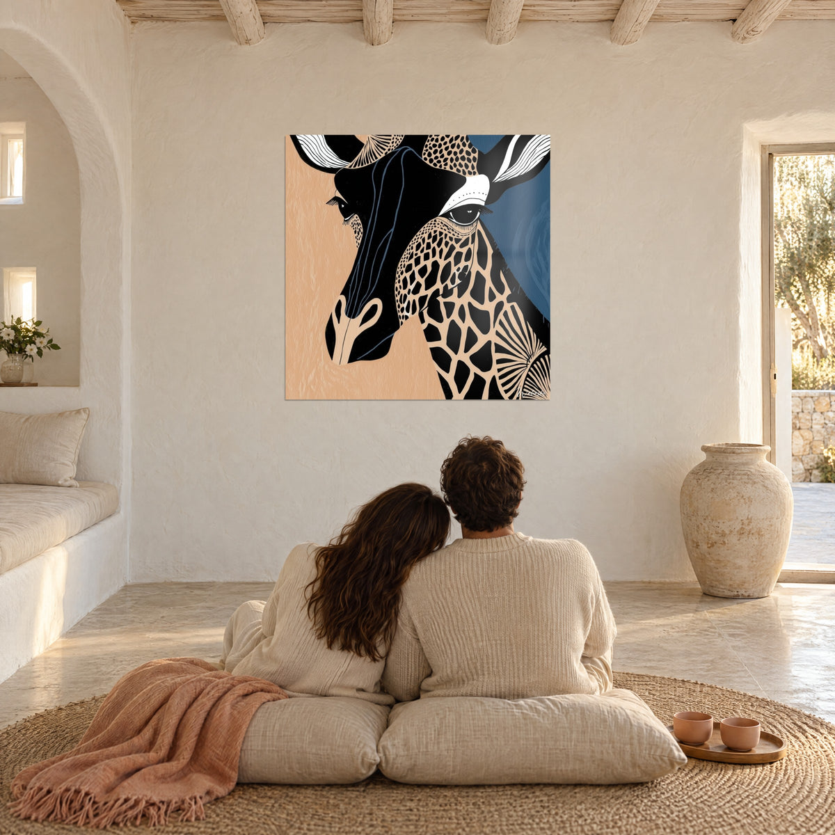 Cuadro jirafa de pelaje geométrico negro y beige, orejas rayadas sobre fondo azul, pareja de espaldas sentada en cojines en el suelo
