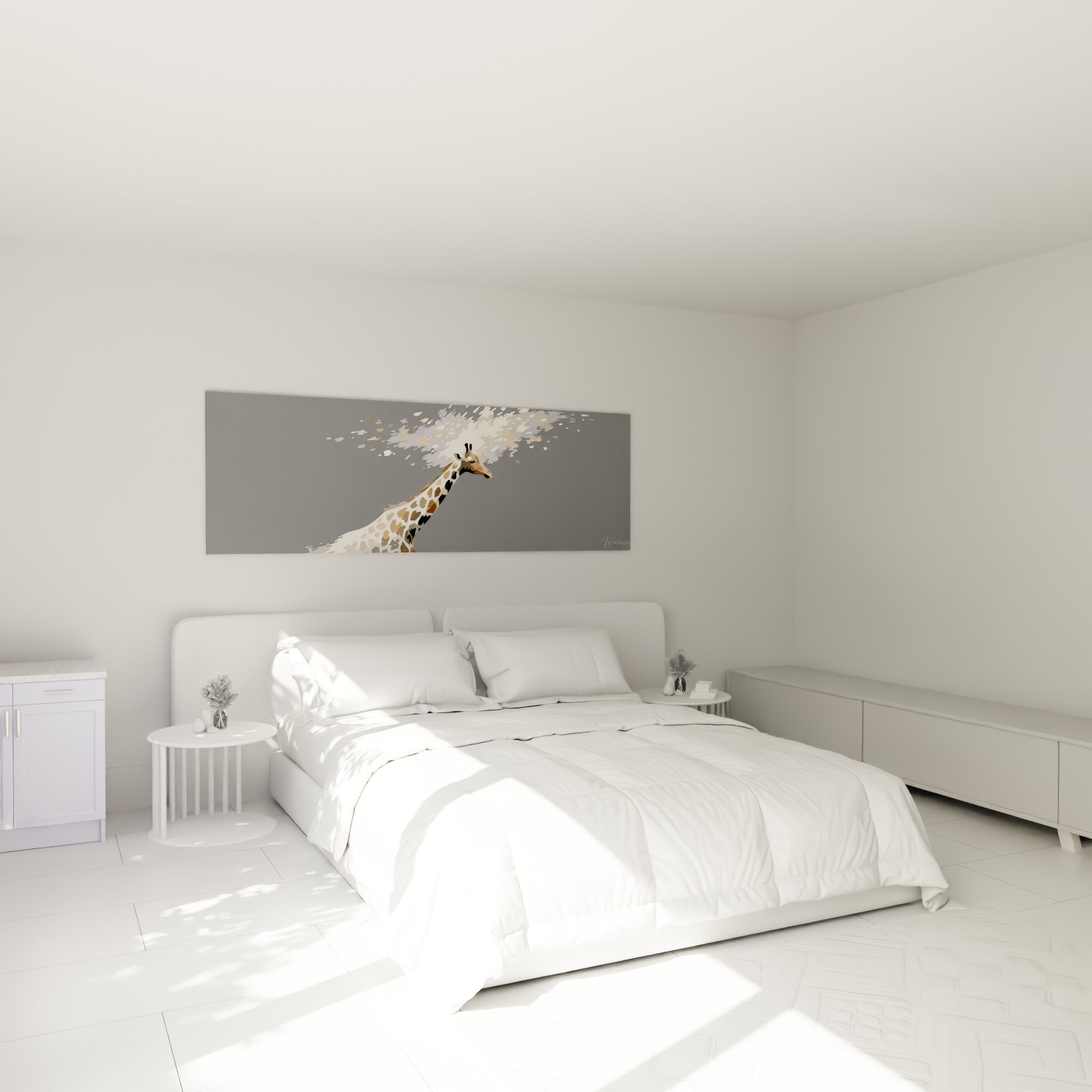 Silhouette fauve et beige d'une girafe éclatée en matière au-dessus d'un lit dans une chambre claire
