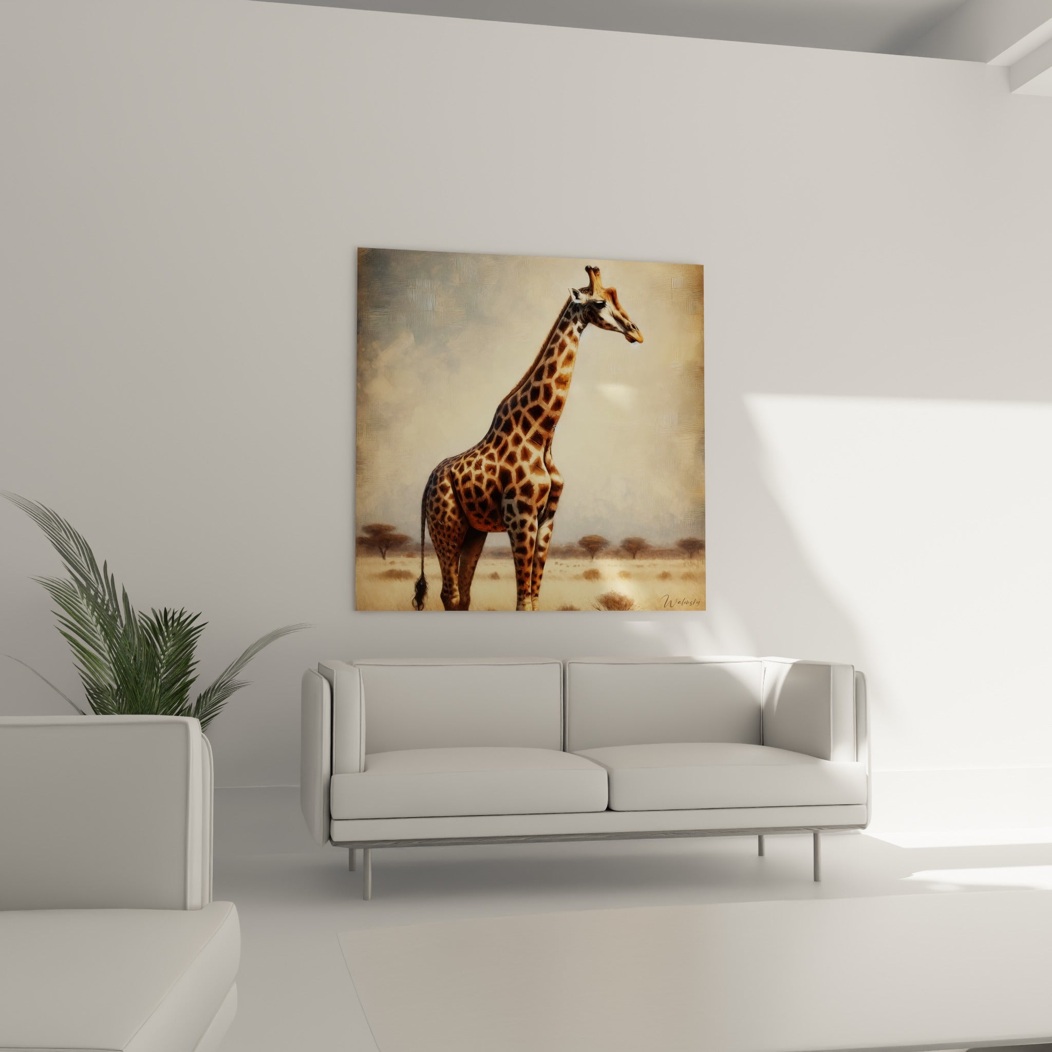 Cou élancé de girafe fauve et sable au-dessus d'un canapé dans un salon lumineux