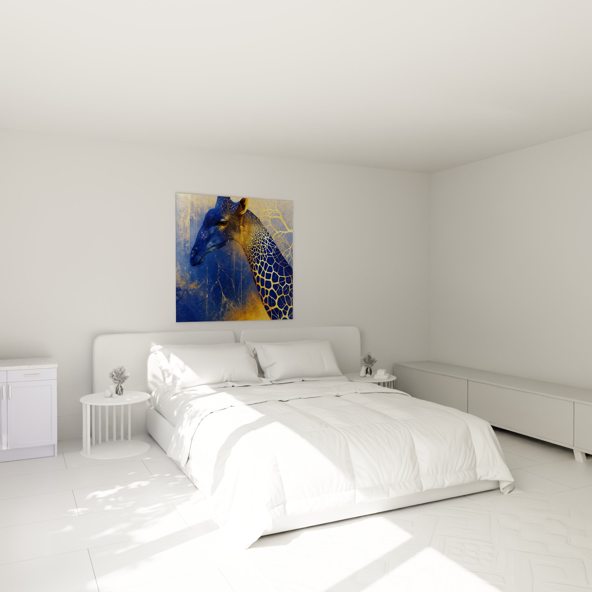 Tête de girafe bleu marine texturée aux veines dorées, accrochée au-dessus d'un lit dans une chambre claire