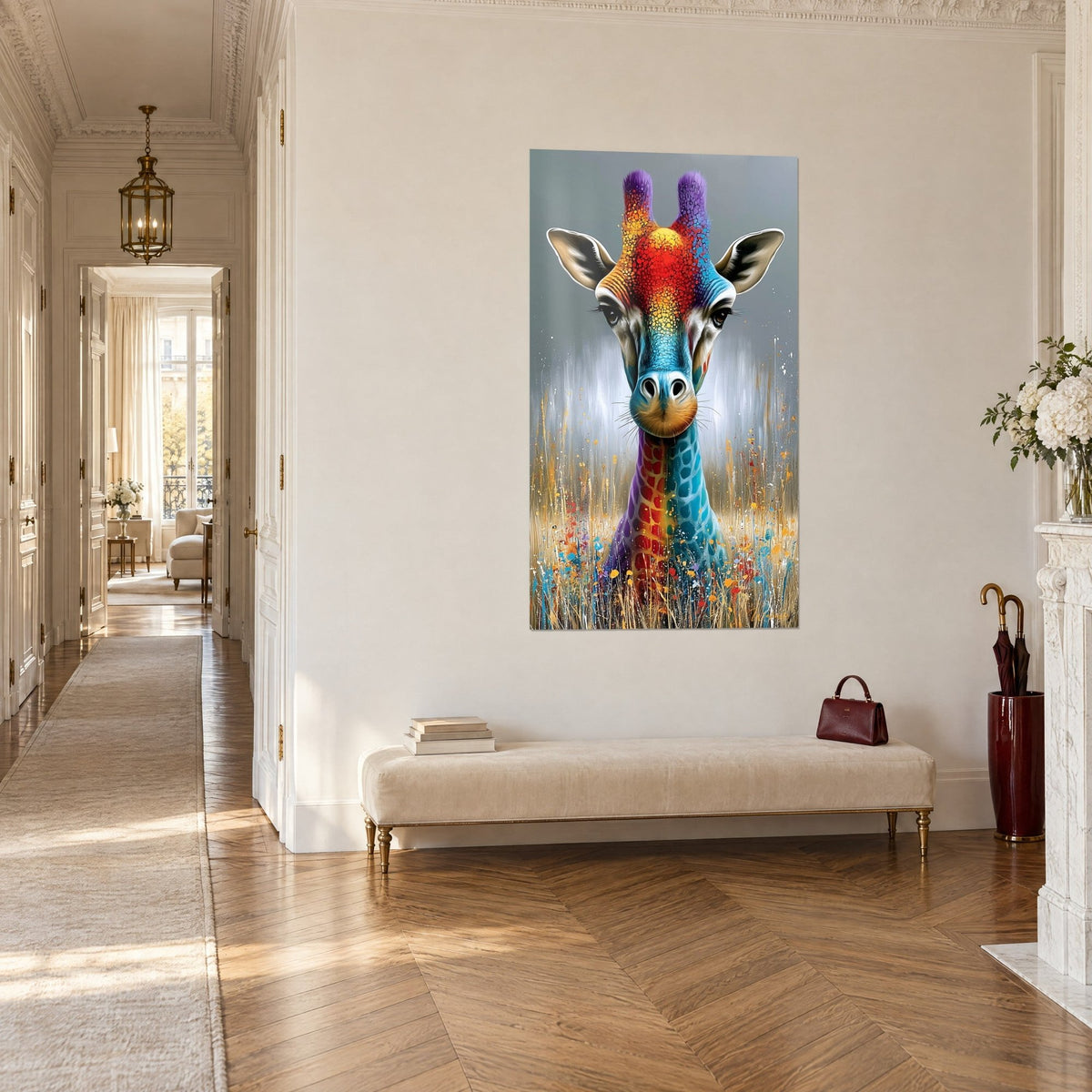 Tableau portrait de girafe aux cornes violettes, museau ocre et cou turquoise, herbes dorées, couloir haussmannien en trois-quarts