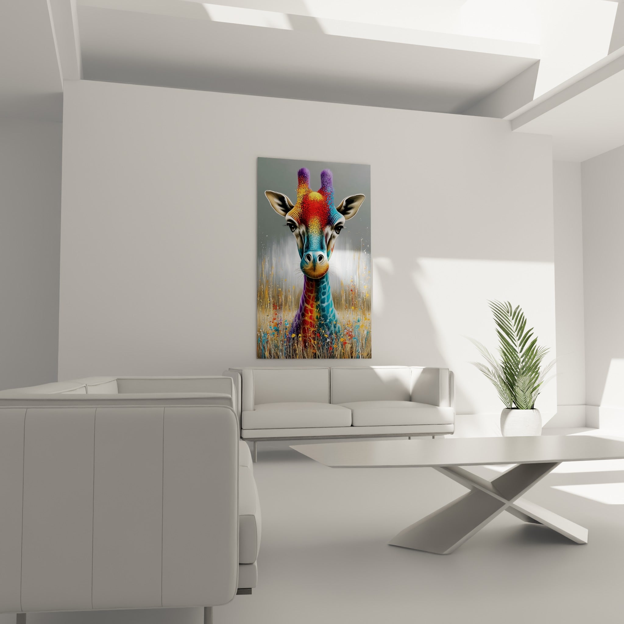 Cou orangé et bleu de la girafe multicolore surplombant un canapé dans un salon lumineux