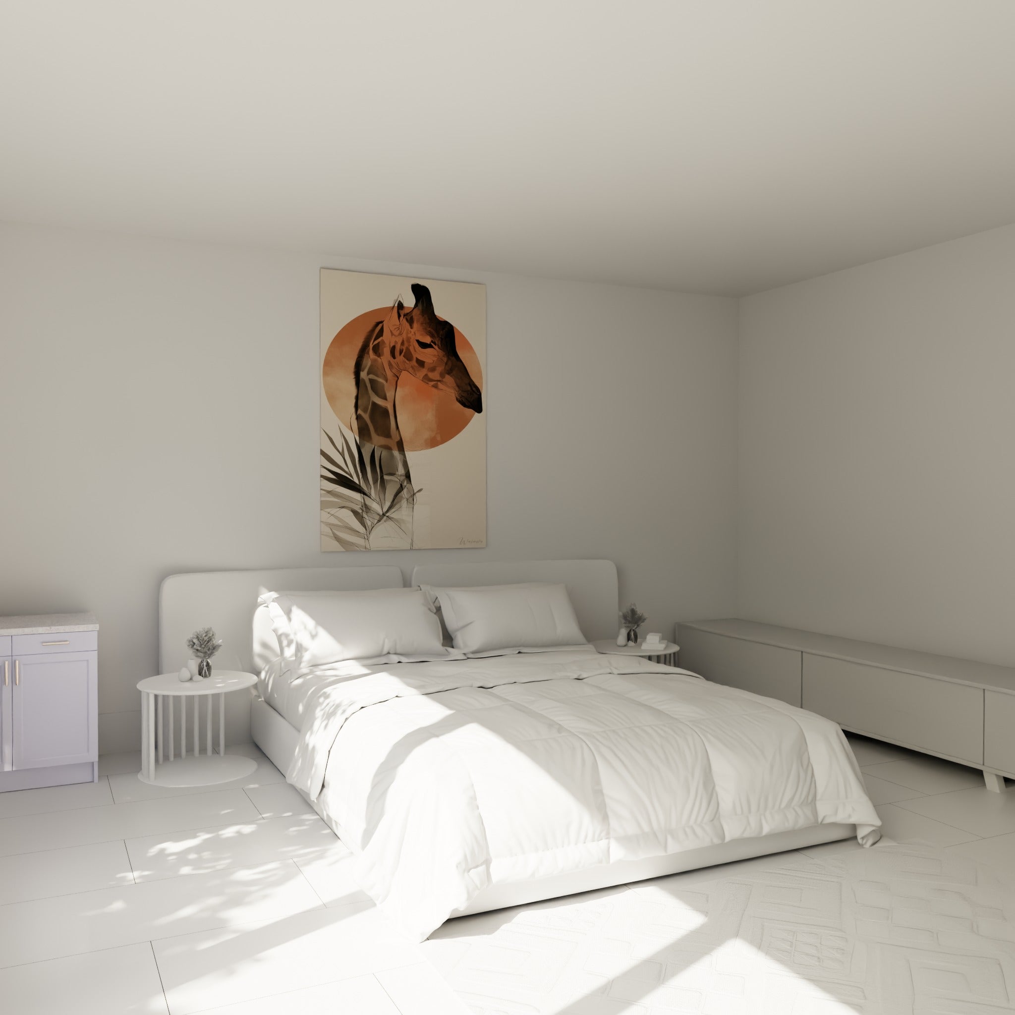 Cou de girafe tacheté brun et terracotta accroché au-dessus d'un lit dans une chambre claire