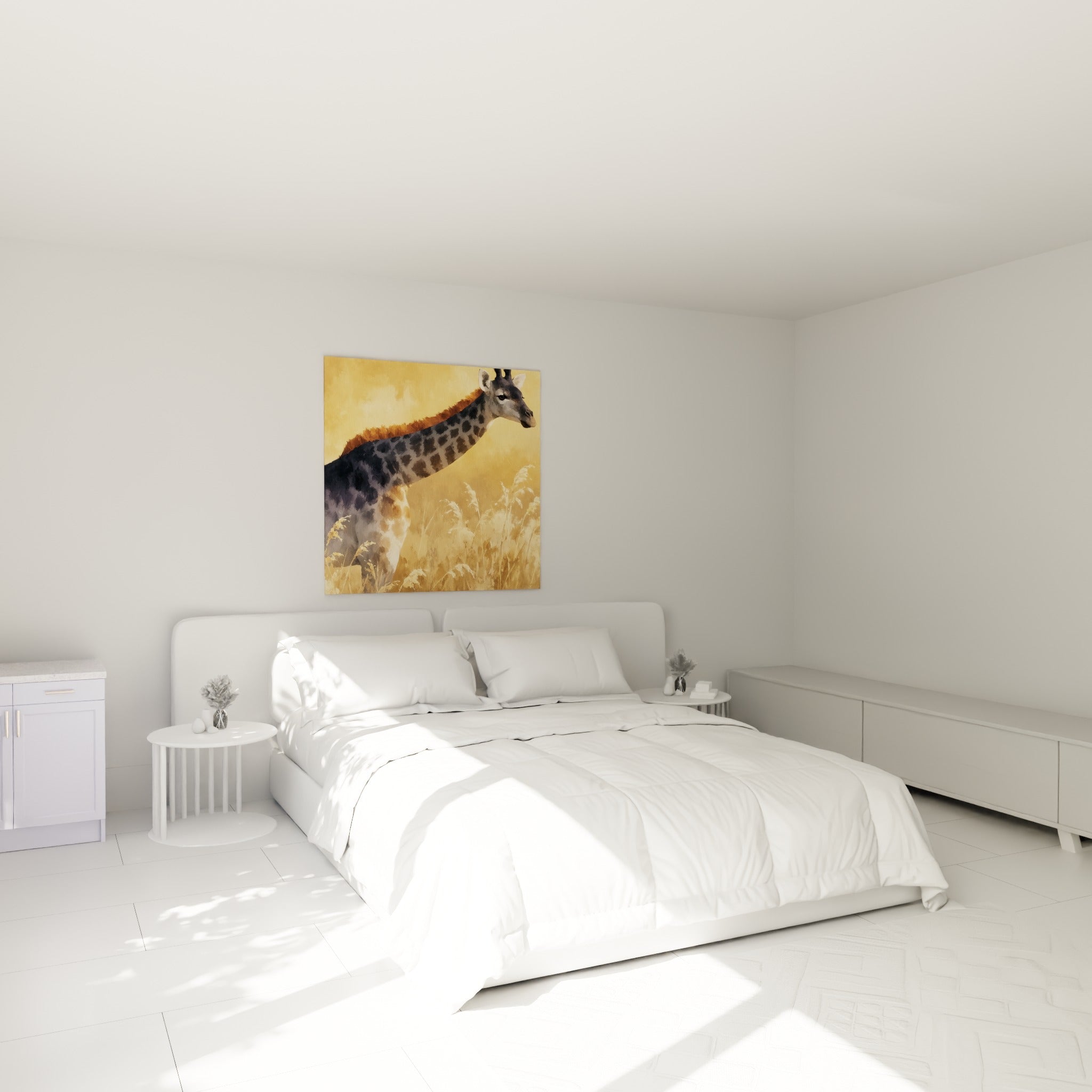 Cou tacheté gris et brun de la girafe surplombant les herbes dorées, au-dessus d'un lit dans une chambre claire