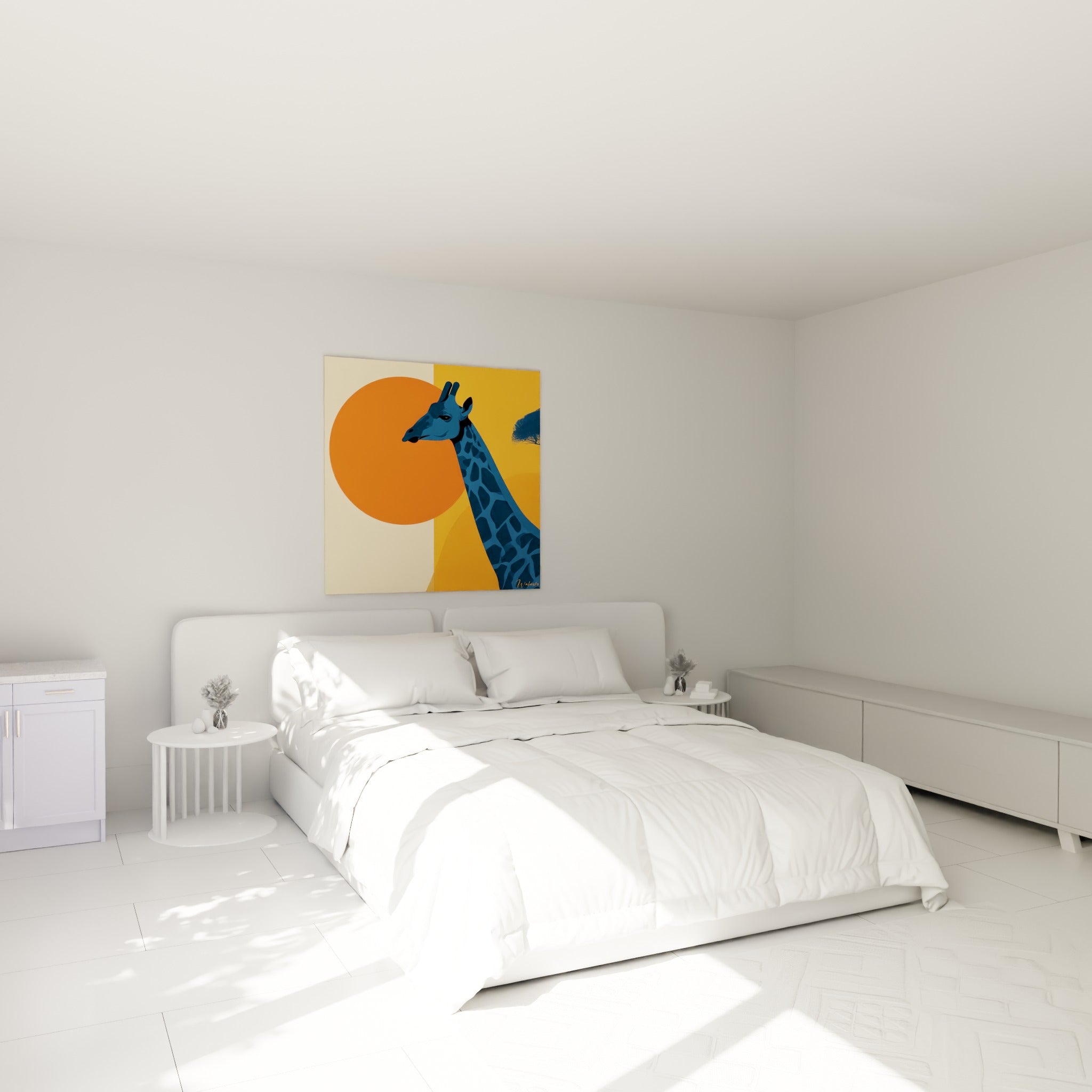 Silhouette de girafe bleu nuit et soleil orange accrochée au-dessus d'un lit dans une chambre claire