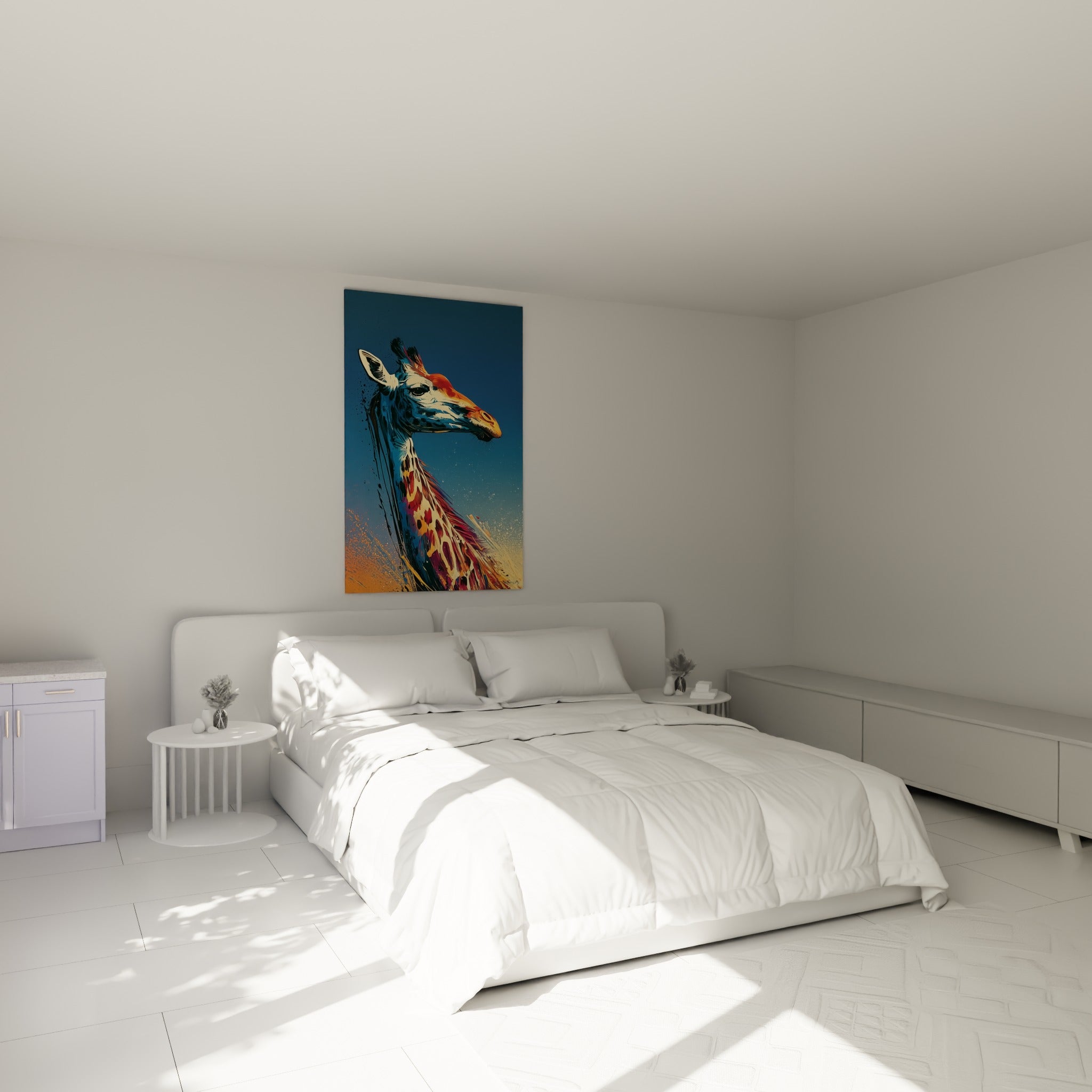 Silhouette de girafe bleu marine et ocre au-dessus d'un lit dans une chambre claire