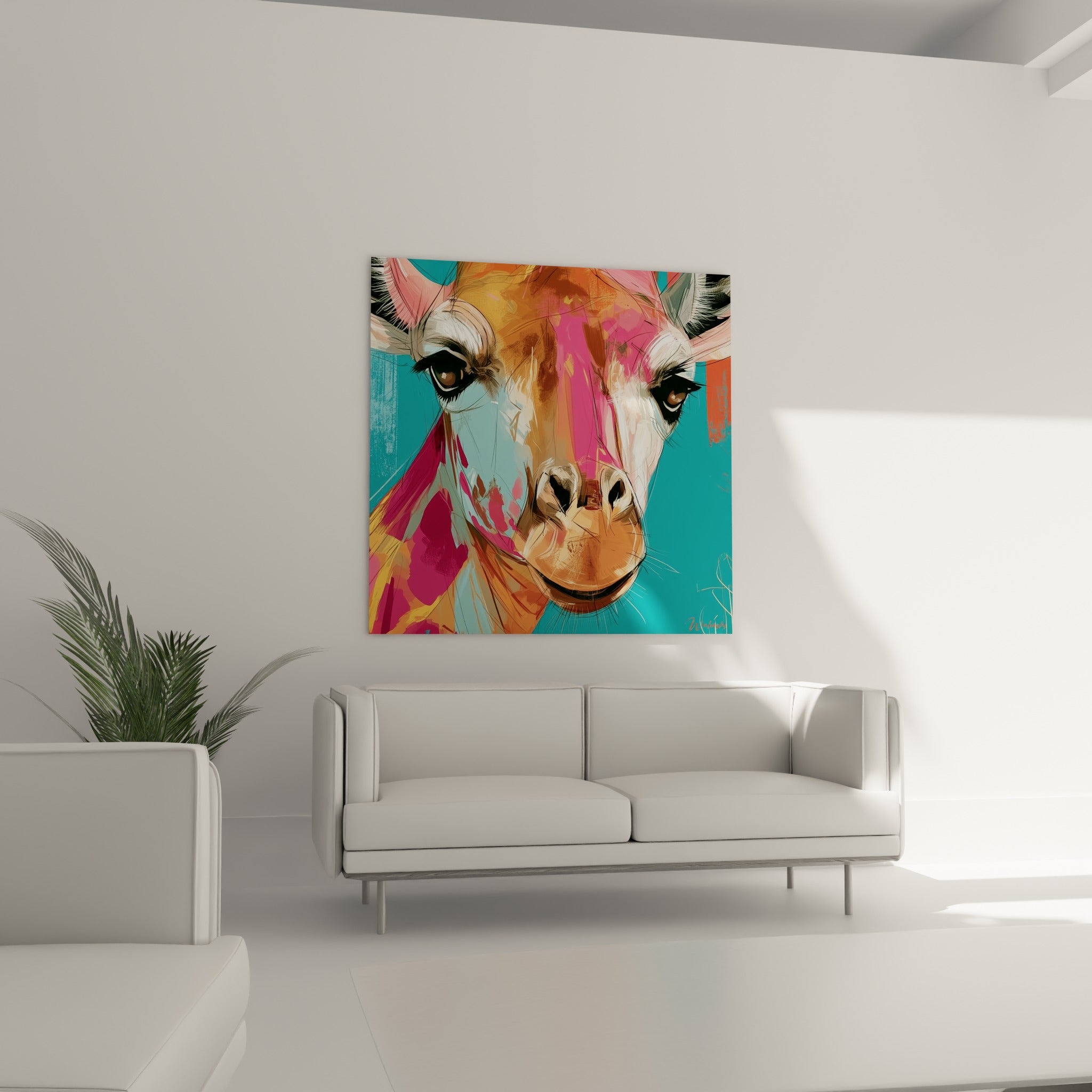 Cou tacheté rose et turquoise de la girafe expressive, suspendu au-dessus d'un canapé dans un salon lumineux