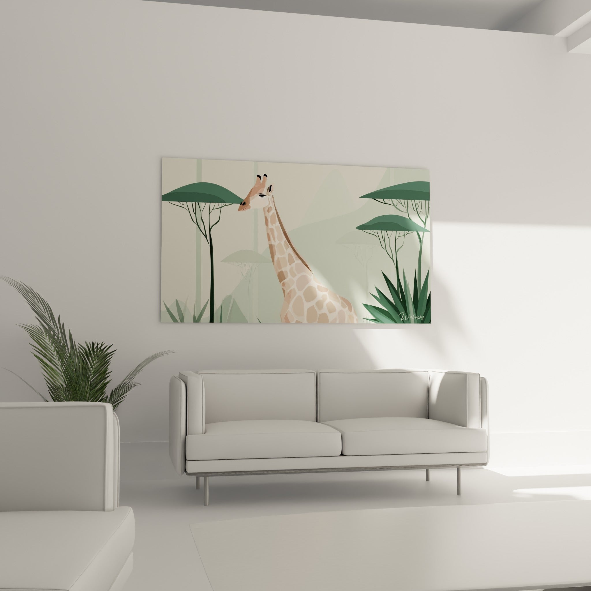 Long cou tacheté de la girafe aux teintes brunes et beiges, suspendu au-dessus d'un canapé dans un salon lumineux