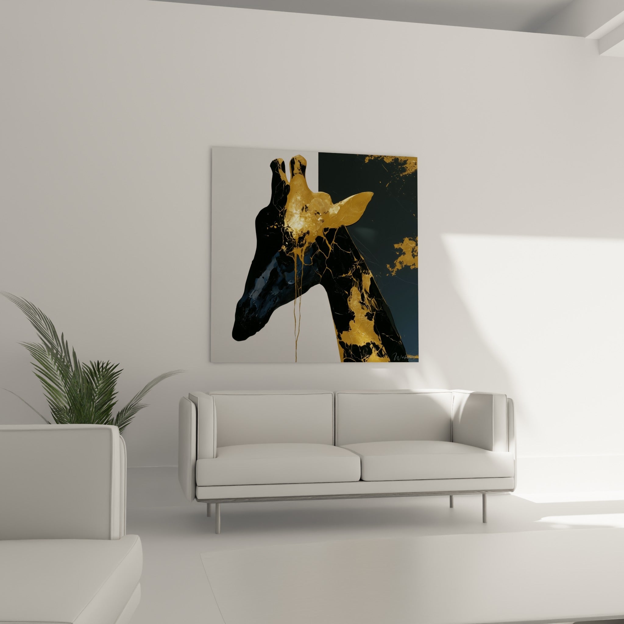 Profil de girafe noir et doré aux textures liquides, suspendu au-dessus d'un canapé dans un salon lumineux