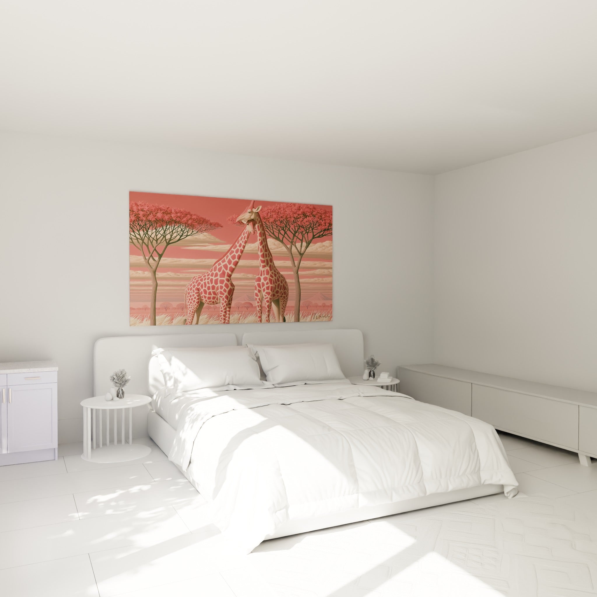 Couple de girafes corail et rose au cou entrelacé, accroché au-dessus d'un lit dans une chambre claire