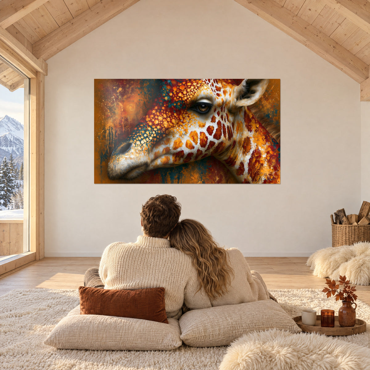 Quadro giraffa dipinta a tocchi ocra, blu anatra e bianco, ammirata da una coppia di spalle su dei cuscini in uno chalet
