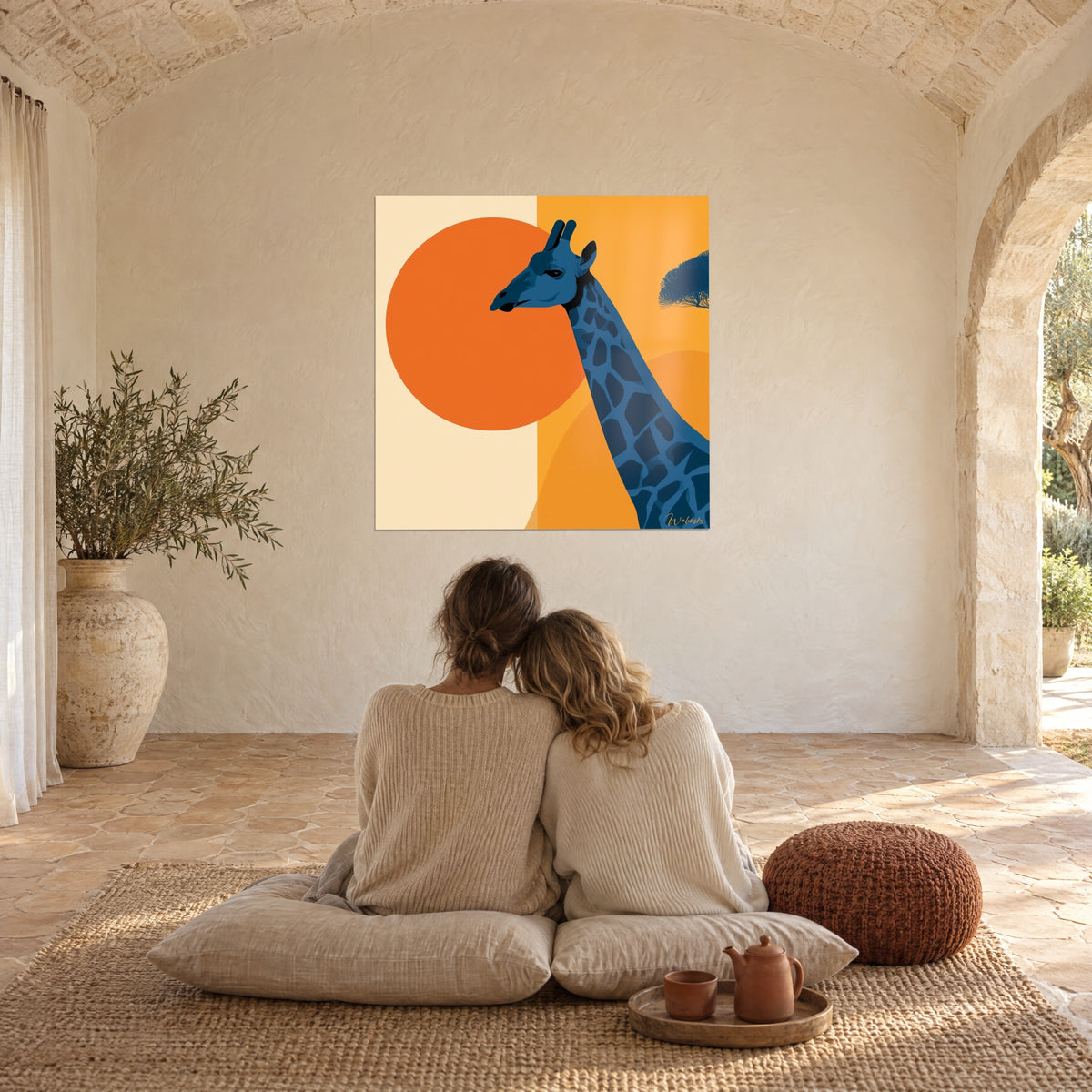Quadro alba africana, giraffa blu notte e cerchio arancione su fondo crema, coppia di spalle su cuscini, masseria provenzale