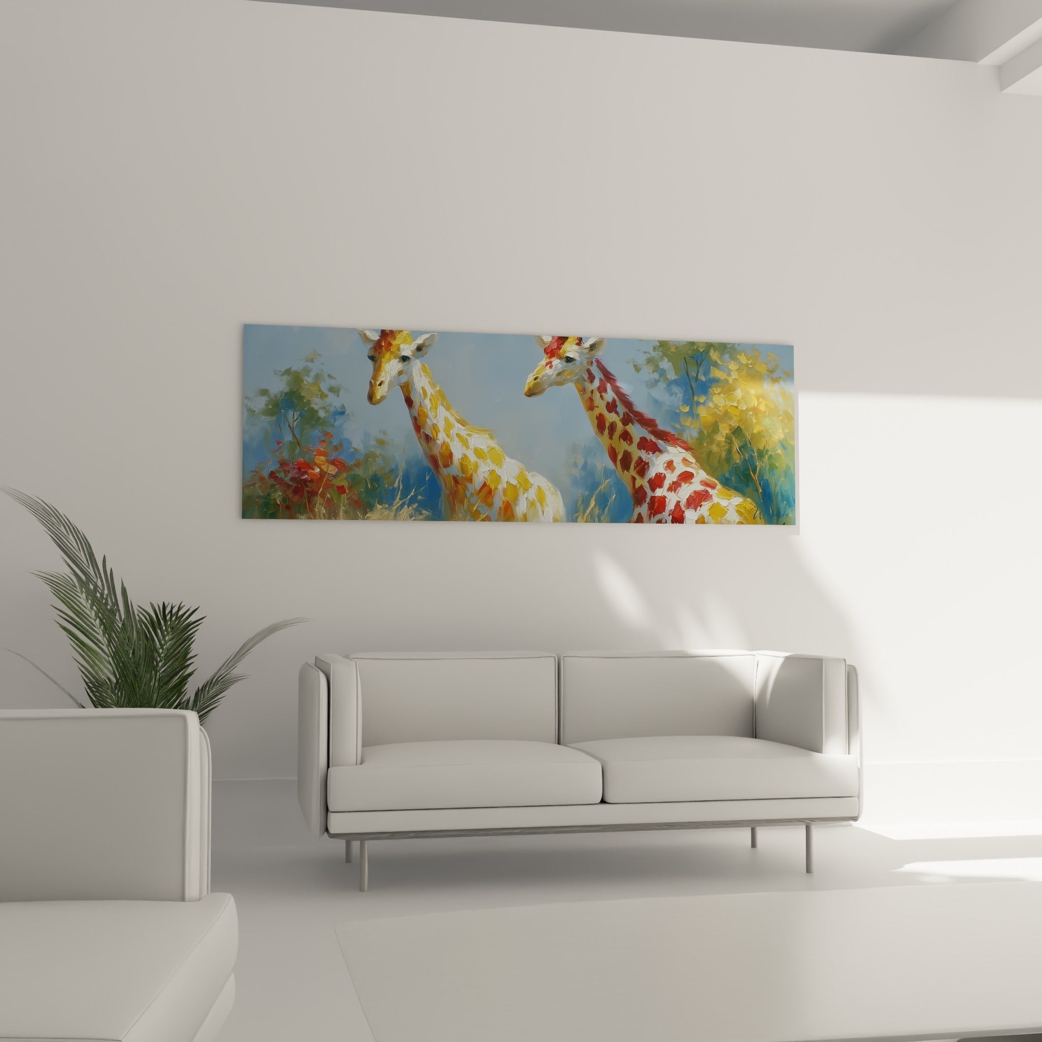 Silhouettes de girafes aux taches rouille et jaunes se détachent sur fond bleu, au-dessus d'un canapé dans un salon lumineux