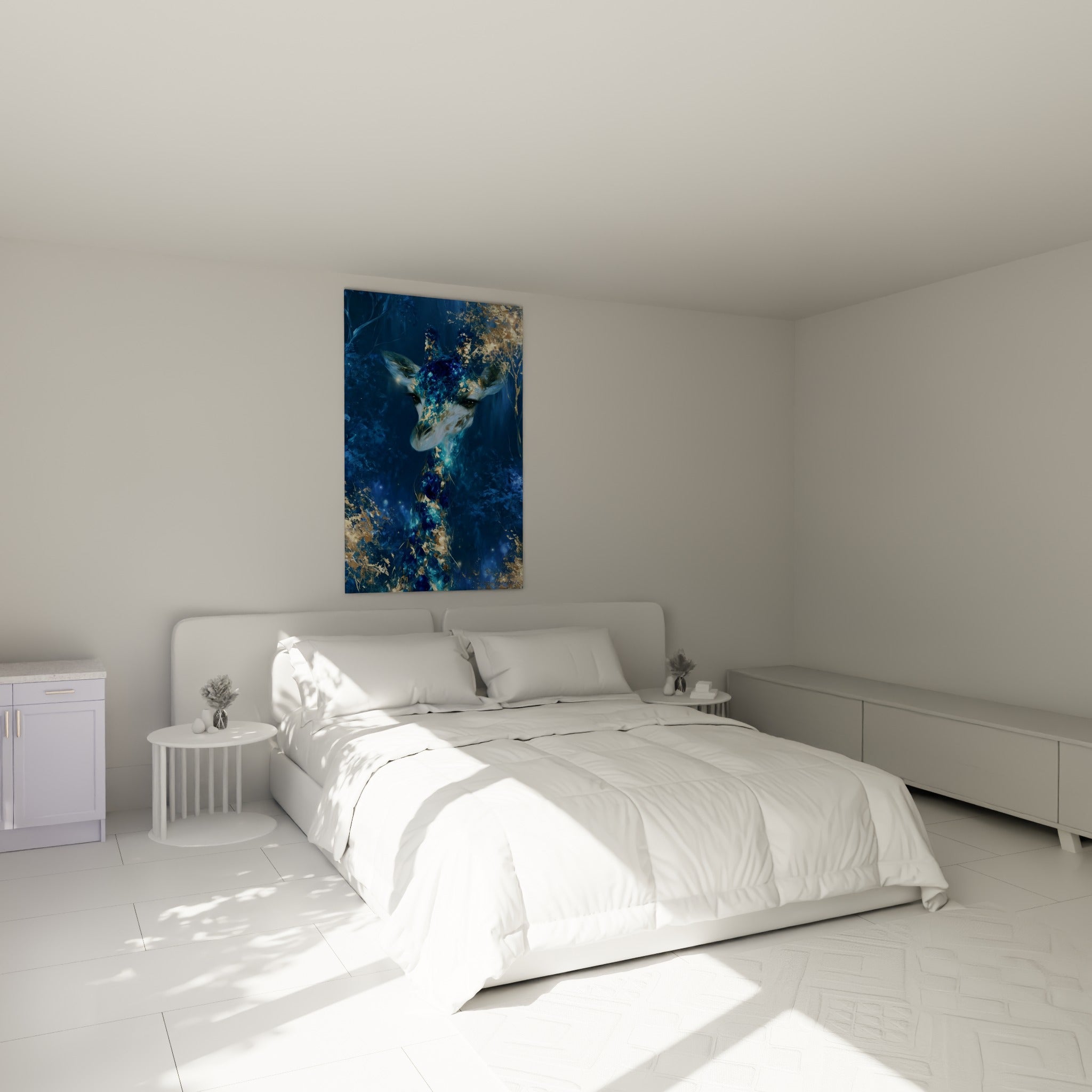 Créature bleu marine et dorée au regard doux, accrochée au-dessus d'un lit dans une chambre claire