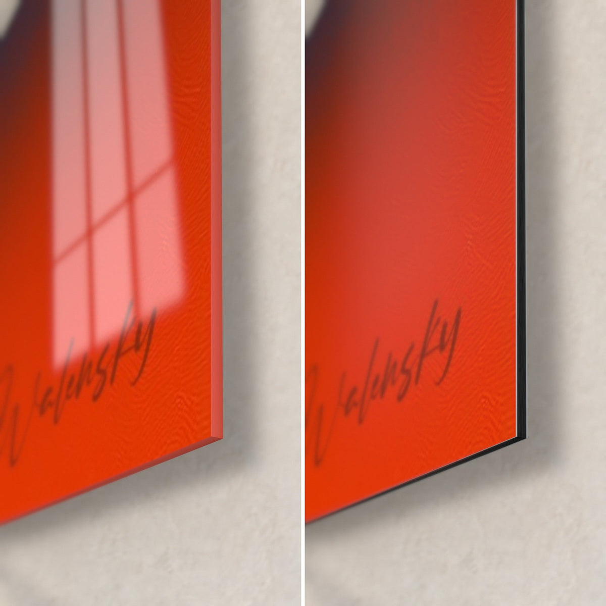 Quadro giraffa arancione, angolo in basso a destra: vetro acrilico lucido a sinistra, alluminio Dibond opaco a destra, bordo nero da 3 mm su fondo rosso