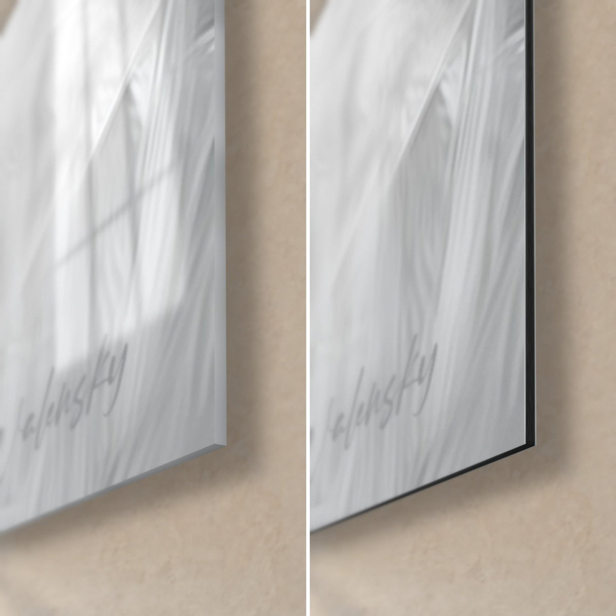Gemälde Giraffenkopf in Weiß und Schwarz, untere rechte Ecke, glänzendes Acrylglas links, mattgraues Dibond rechts, feine Kante