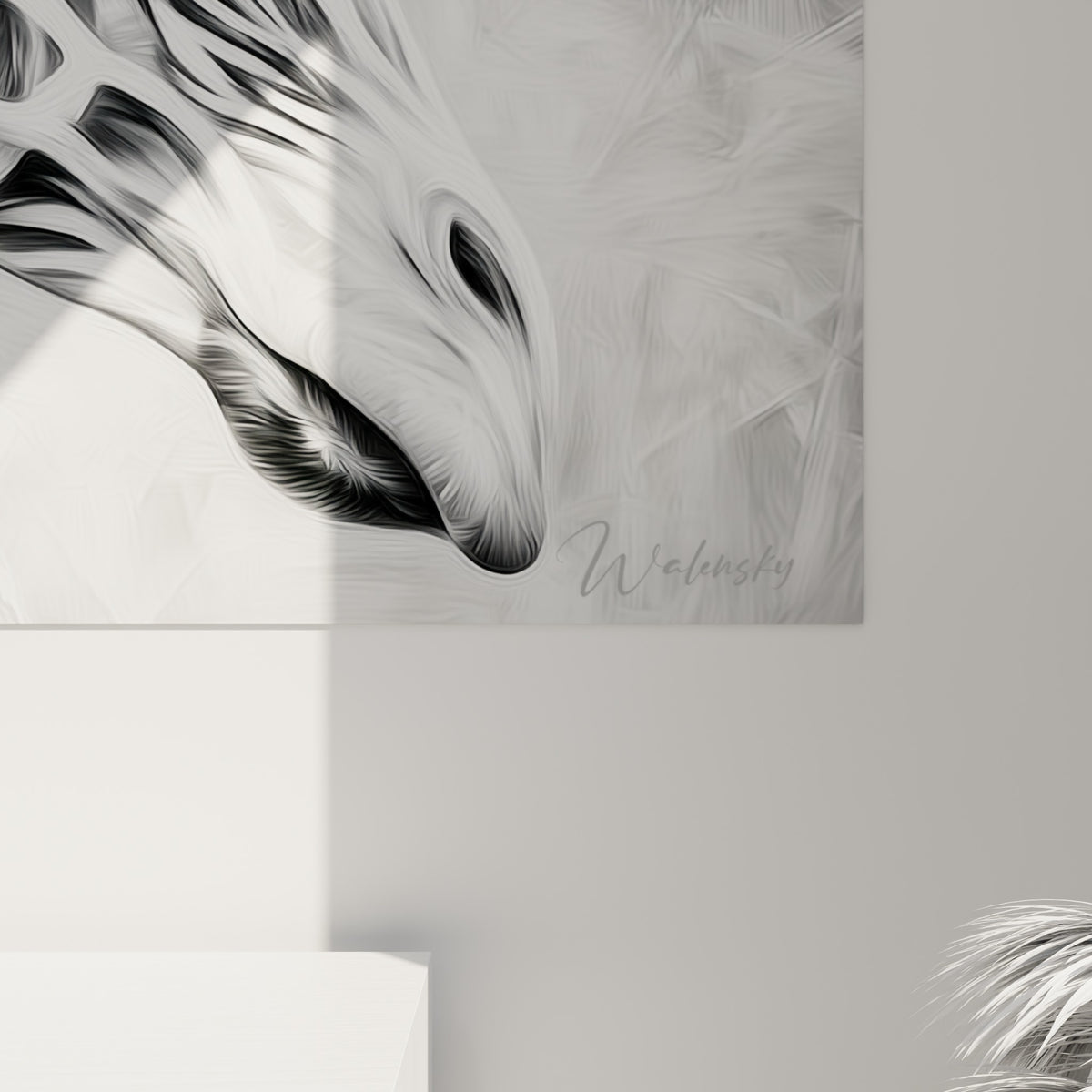 Détail du grain pictural sur le cou de la girafe, empâtements blancs et noirs mêlés à des touches de rose et d'orange