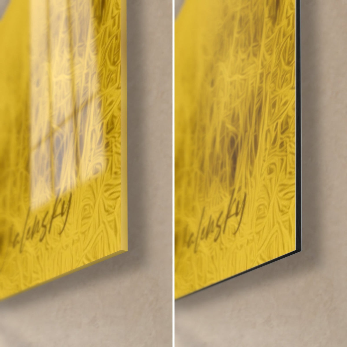 Wall art navy and yellow giraffe, bottom right corner: glossy acrylic glass on the left, matte Dibond aluminum on the right, 3 mm edge