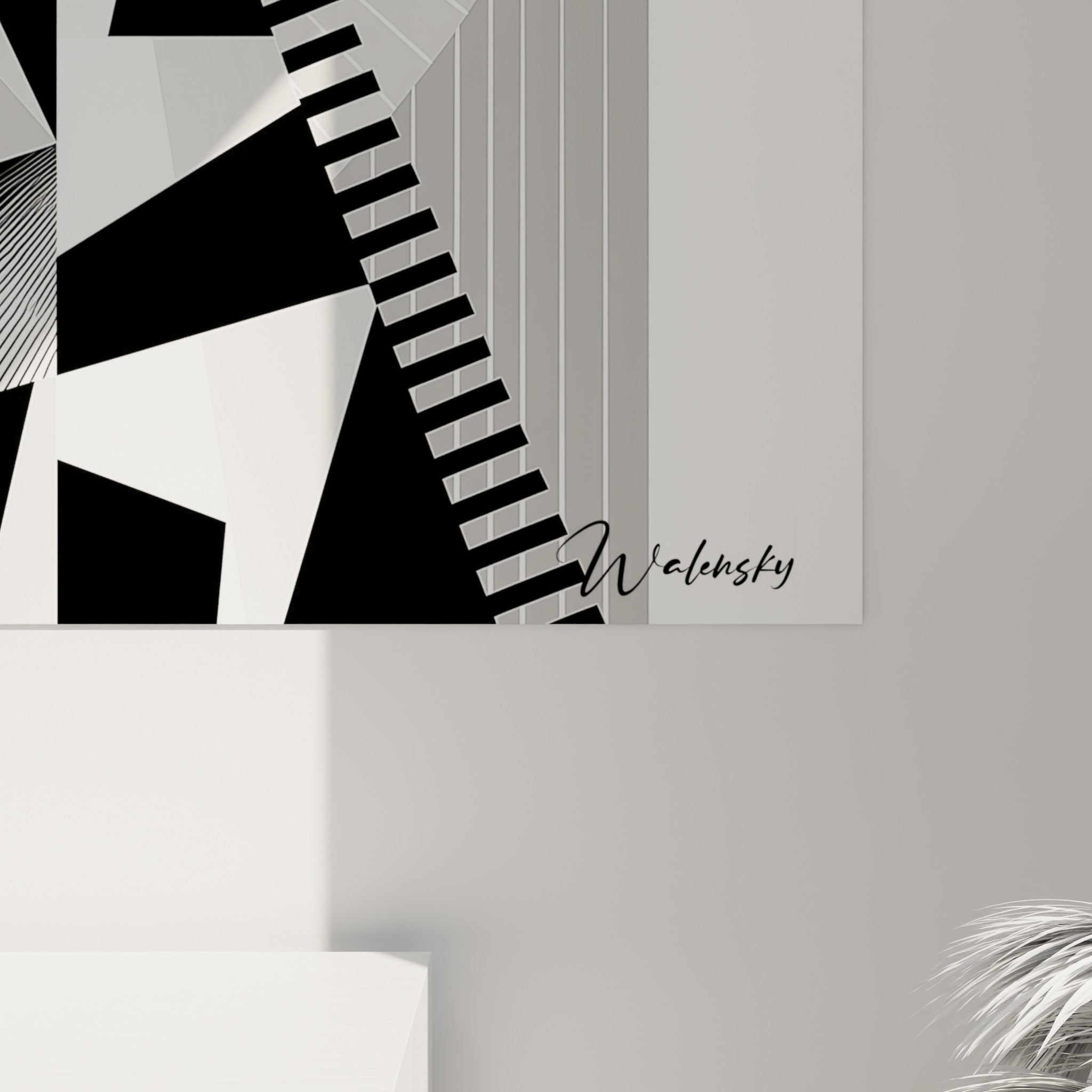 Détail des lignes fines et facettes triangulaires noires et orange composant le pelage stylisé de la girafe