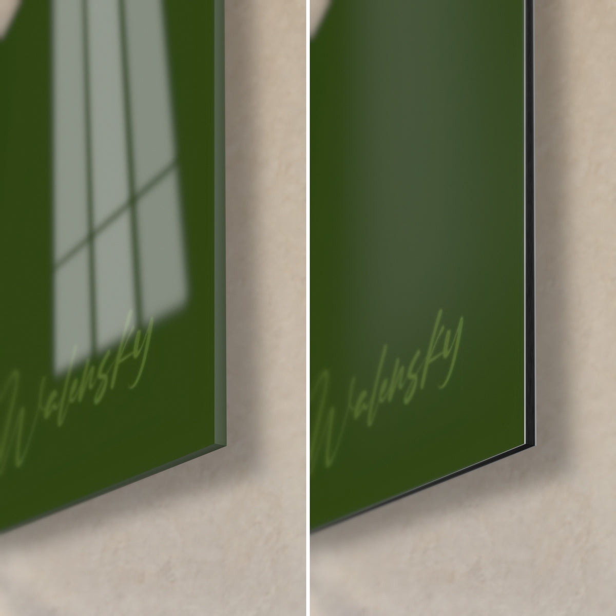 Tableau girafe, coin bas droit : motifs vert mousse sur blanc, signature Walensky, verre brillant et Dibond mat