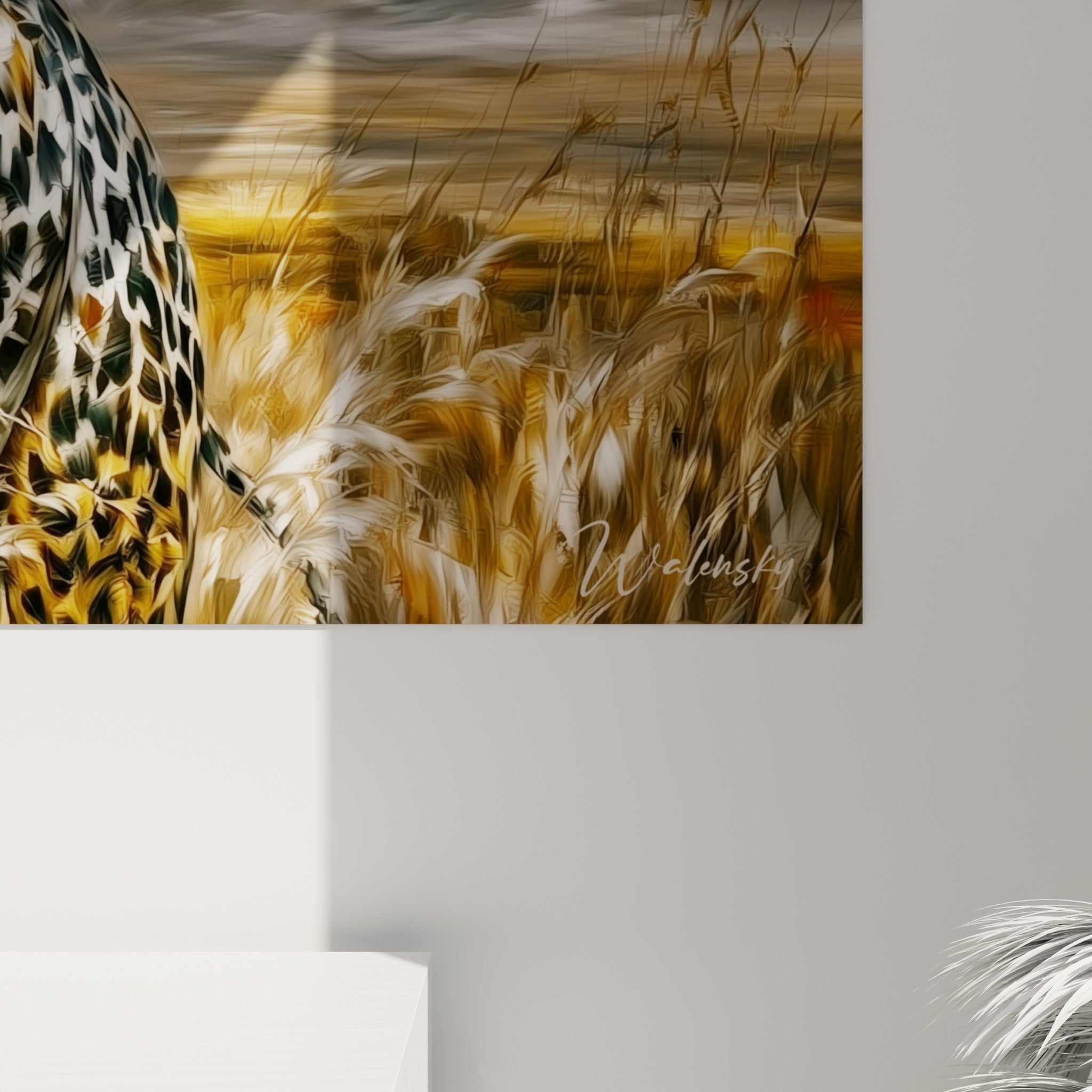 Détail du pelage tacheté ocre et noir aux empâtements visibles sur la toile de la girafe