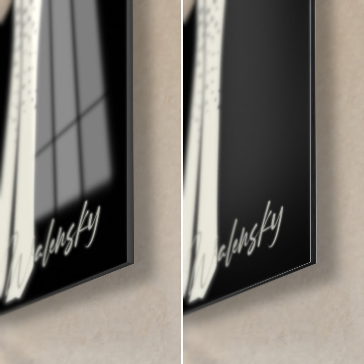 Wall art black and ivory giraffe, bottom right corner: glossy acrylic glass on the left, matte black Dibond aluminium on the right, thin edge